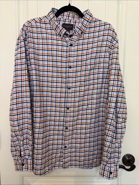Black Brown 1826 Plaid Button Down Shirt Men's 3XL Orange Blue White 100% Cotton